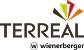 Logo Terreal en marron foncé, surmonté de segments géométriques jaunes, rouges, marron et orange. Marque ® Wienerberger en dessous.
